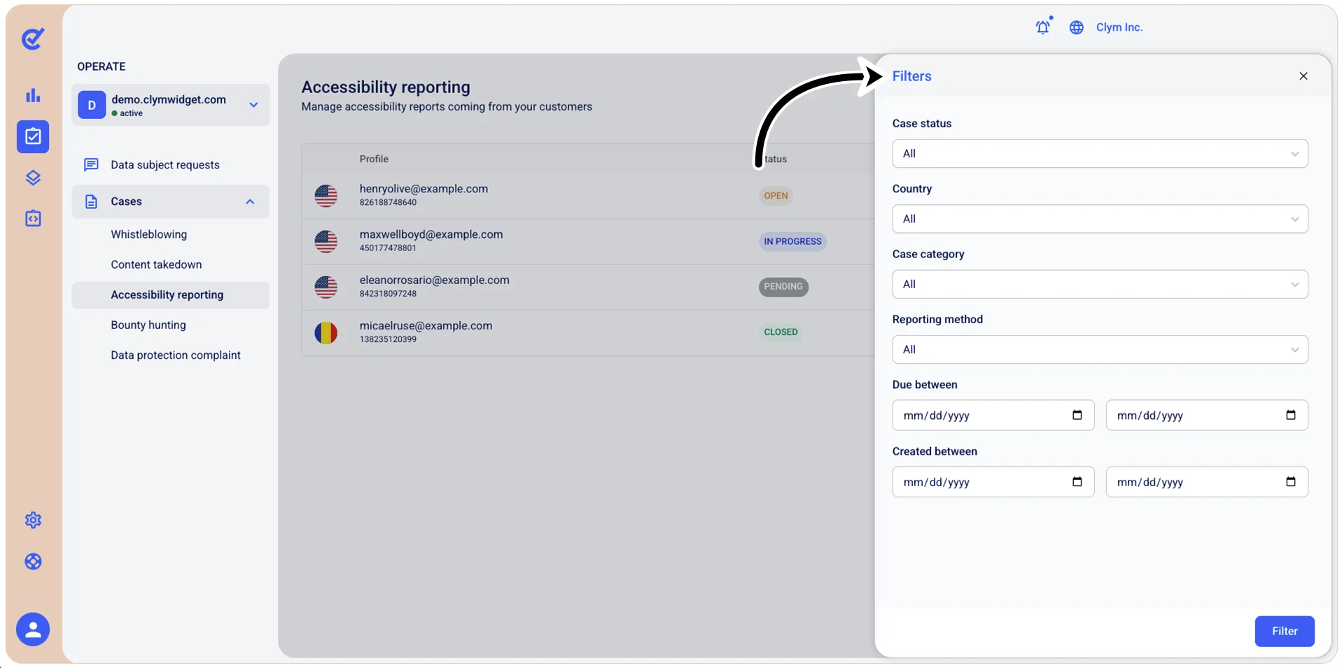 Filter menu