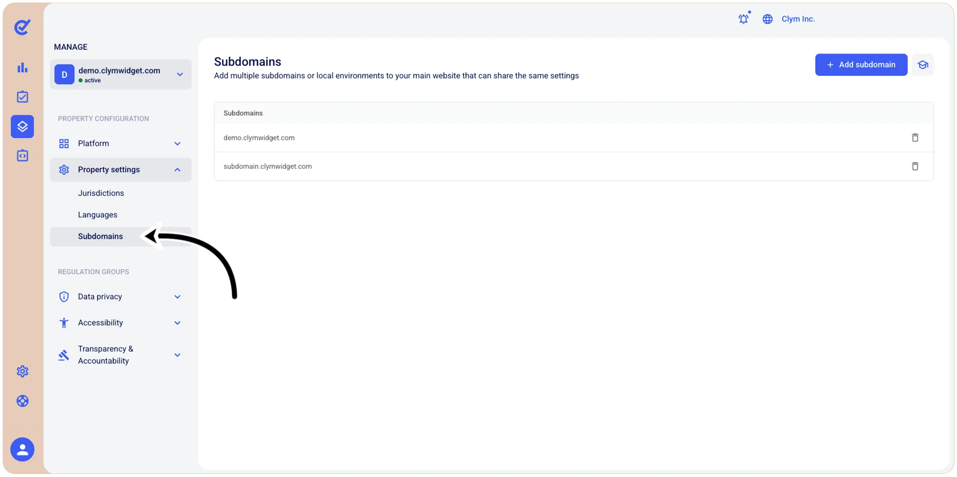 Subdomains section
