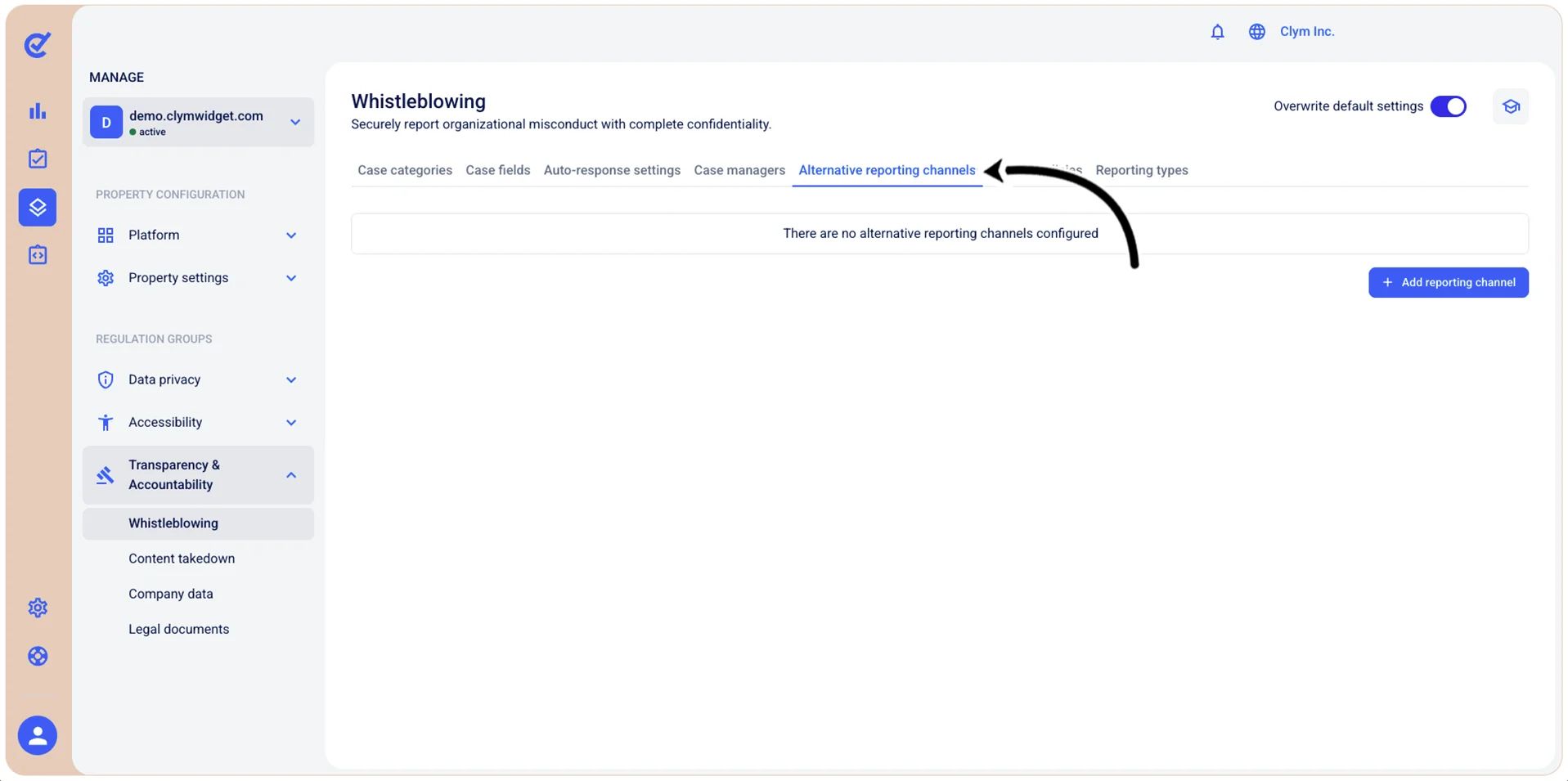 Alternative reporting channels tab