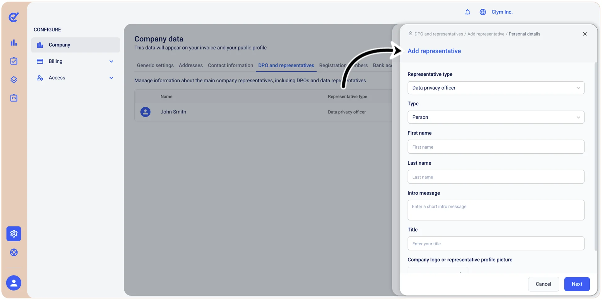 Add representative window
