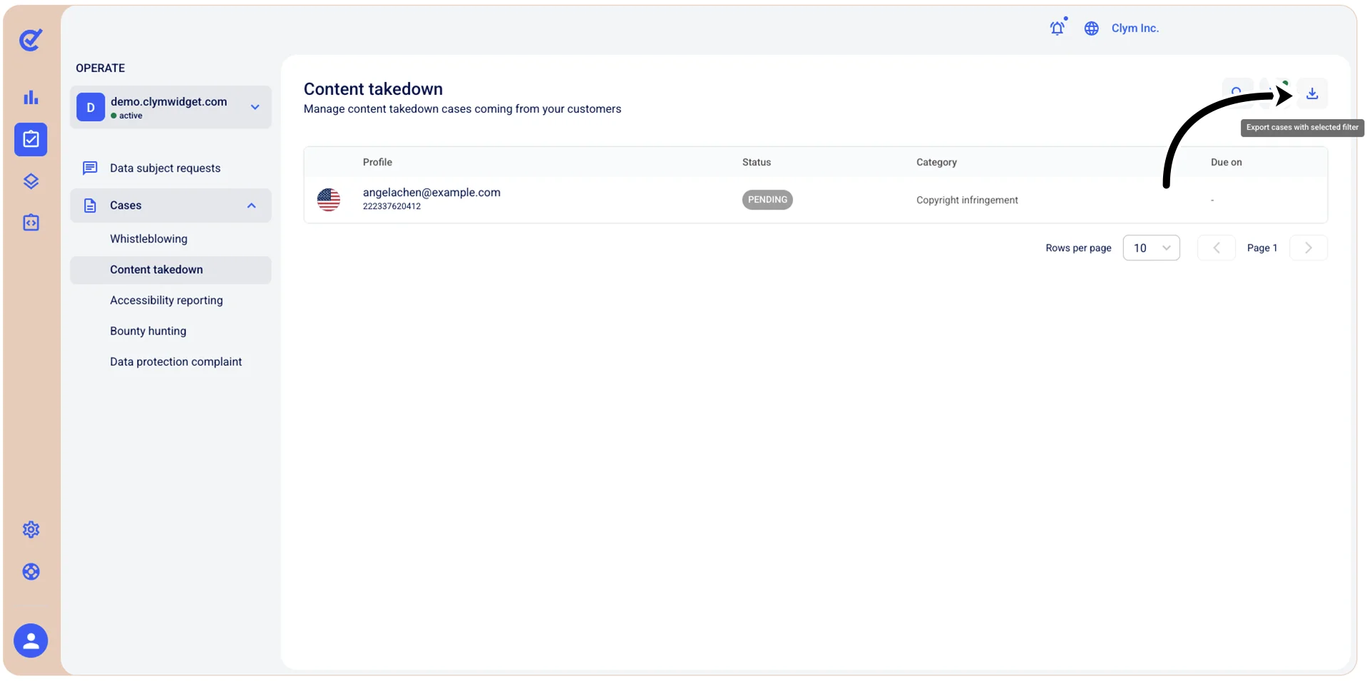 Export requests with selected filter button