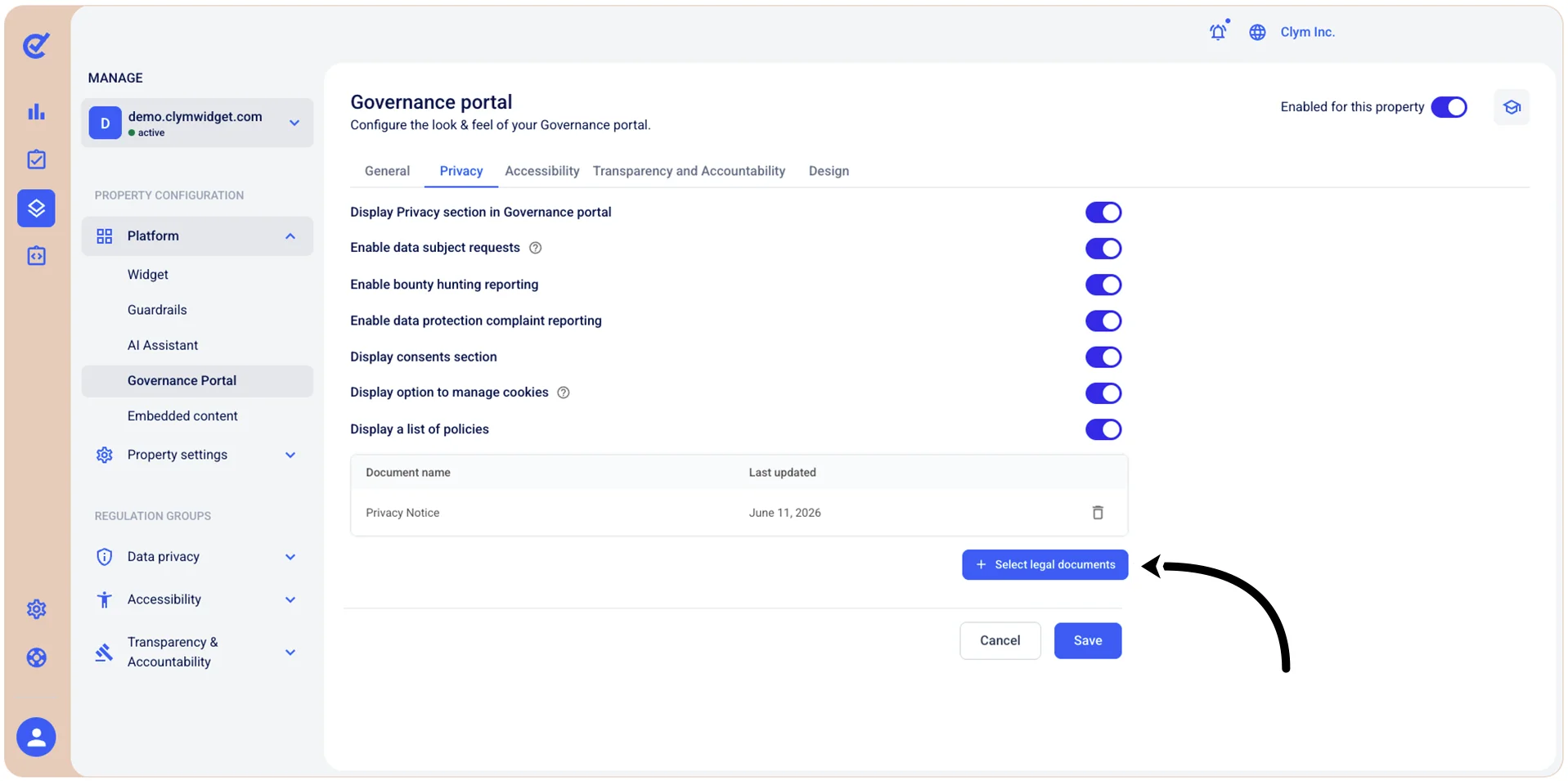 Select legal documents button