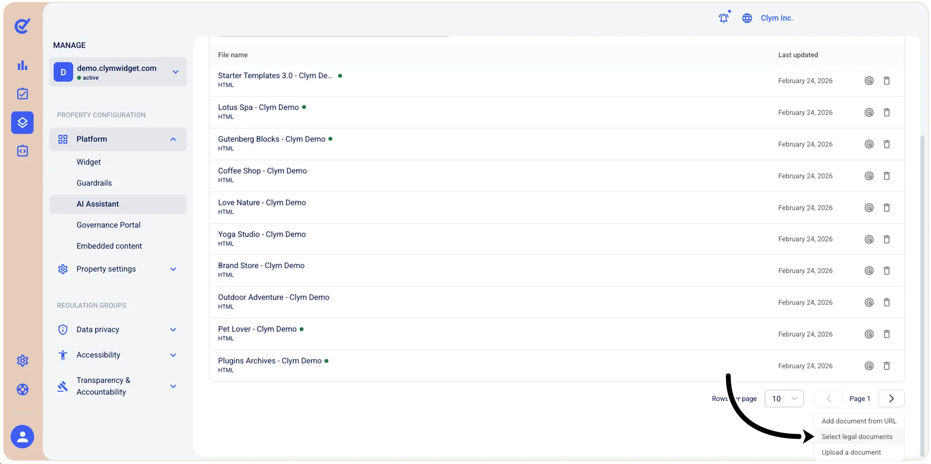 Select legal documents button