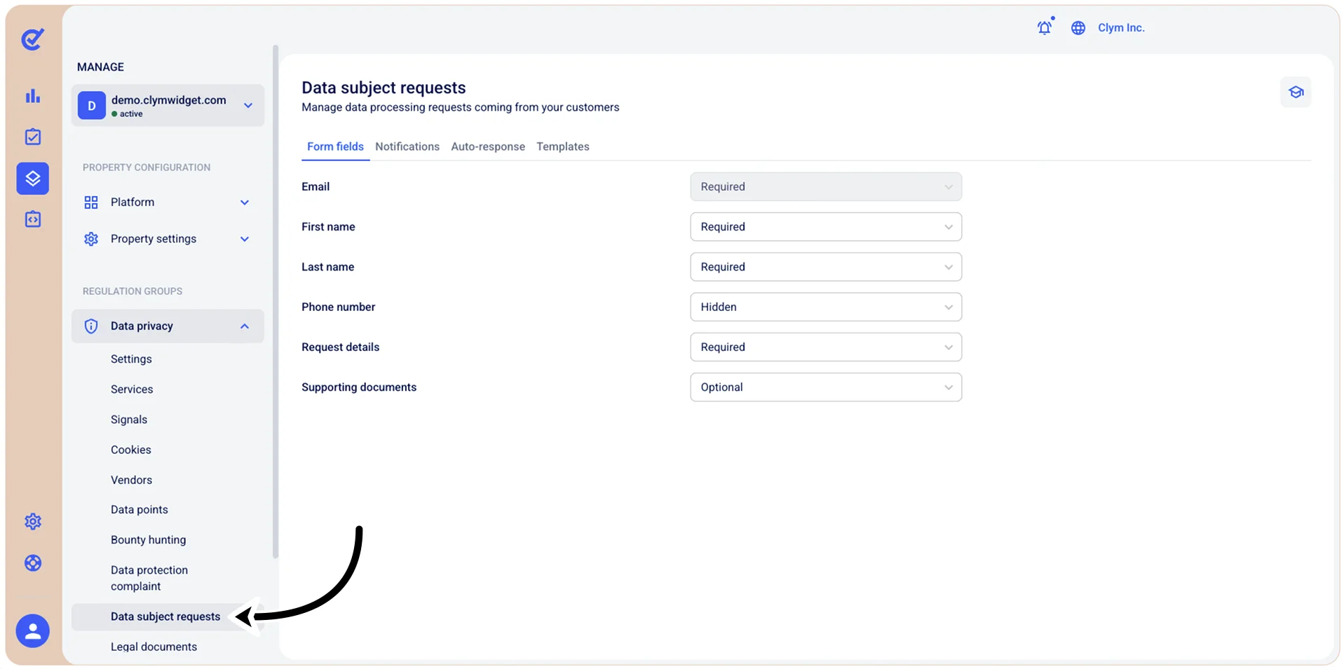Data subject requests settings section