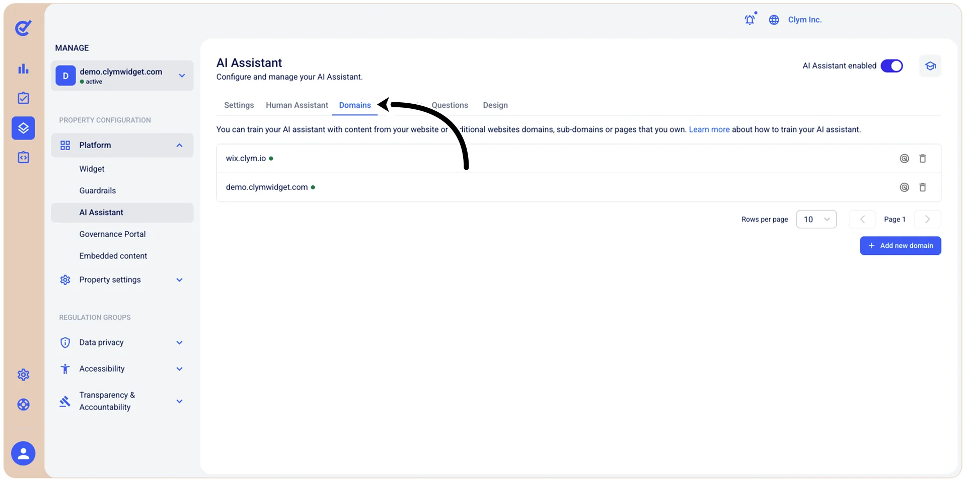 Domains tab
