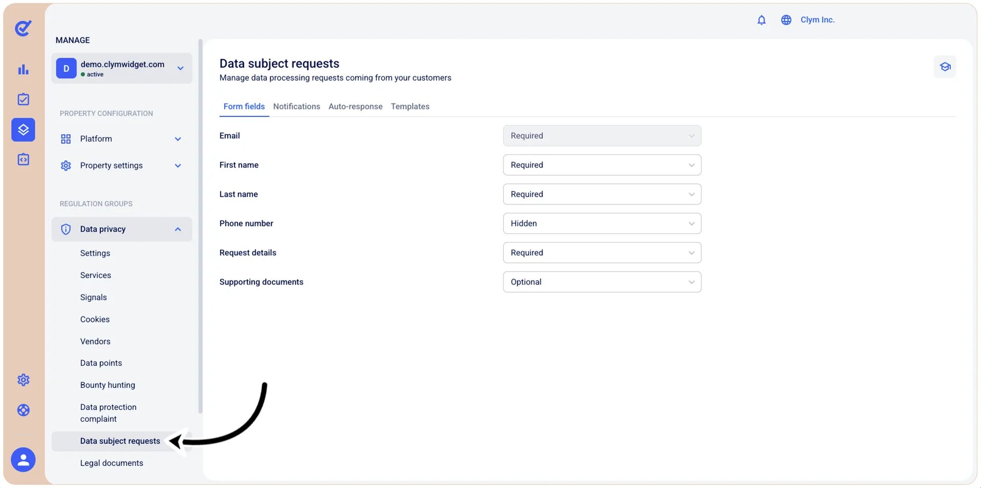 Data subject requests settings section