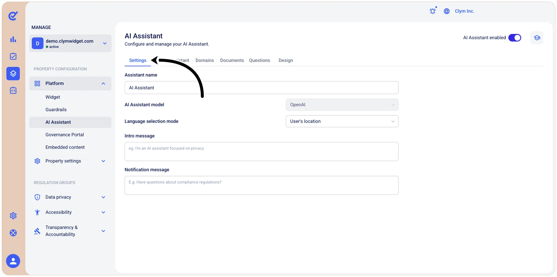 Settings tab