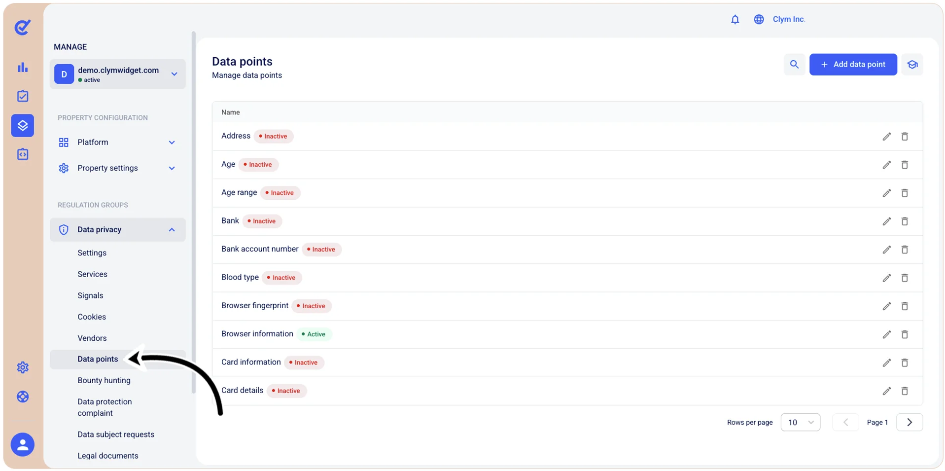 Data points section