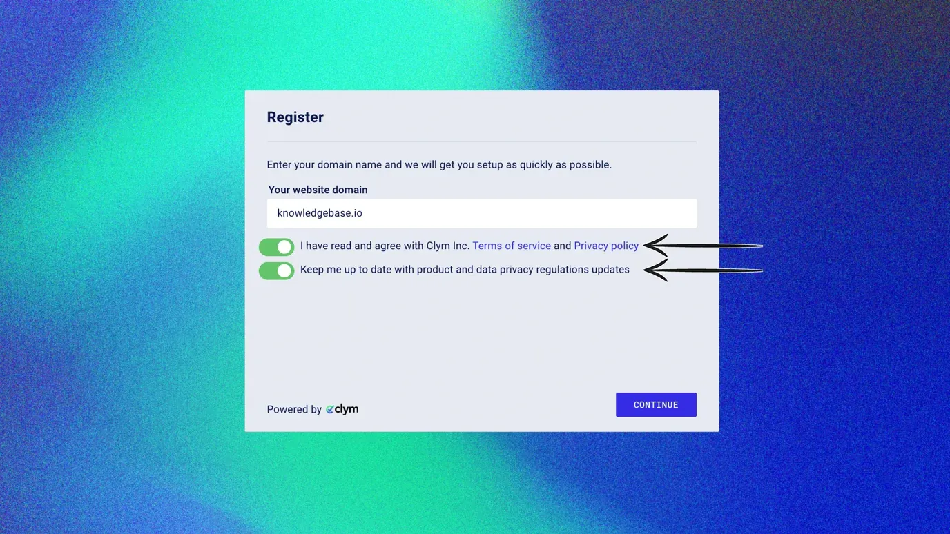 Provide your website domain, agree to the Terms, and sign up for our newsletter (optional)