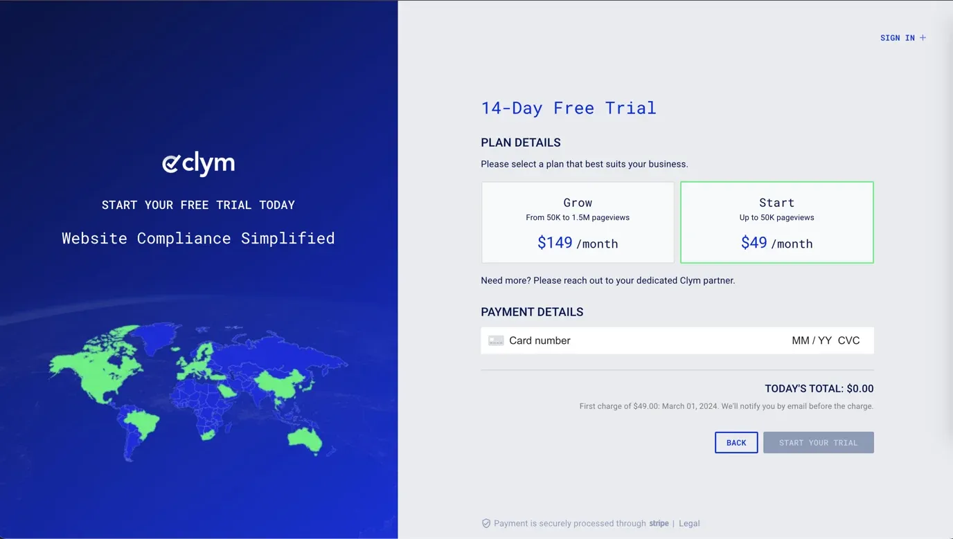 Choose a plan and enter payment information
