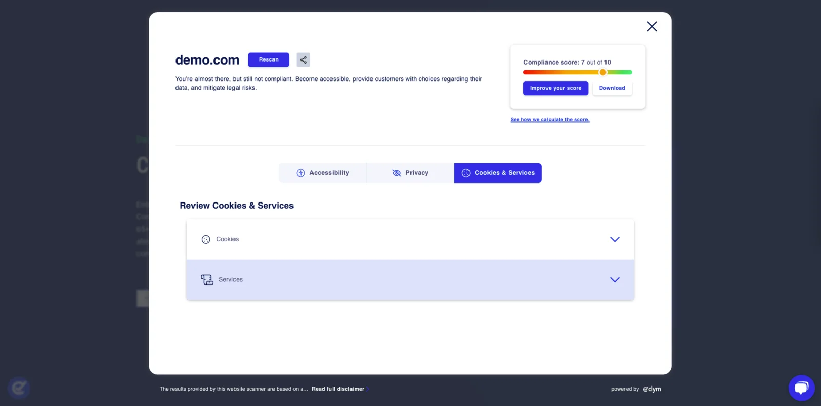 Scan report, cookies and services section