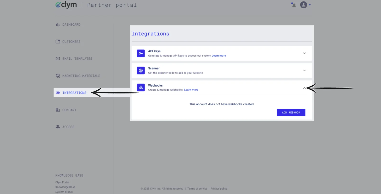 Webhooks section