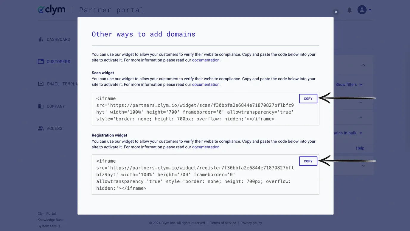 Access and copy the embed codes